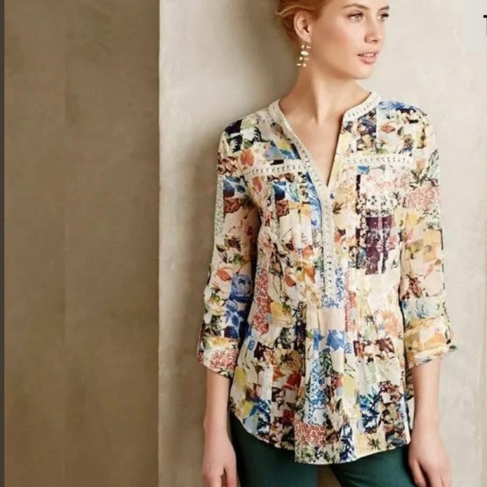 Anthropologie Maeve Abella Pintuck Patchwork Floral Blouse Size 2